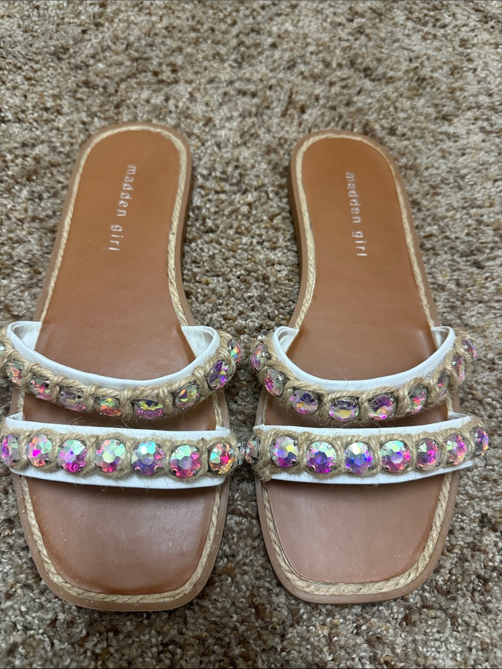 Madden Girl White Jeweled Double-Strap Slide Sandals